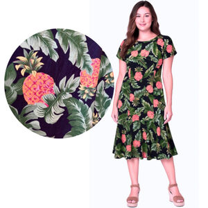 Vintage Hilo Hattie Pineapple Print Dress Large 100% Cotton Tropical Hawaiian, L